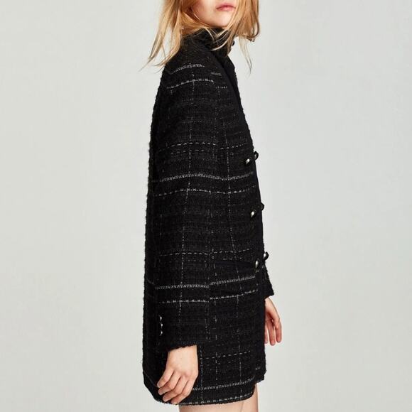 NWT Zara Black Textured Tweed Checked Frock Coat. - Picture 4 of 12